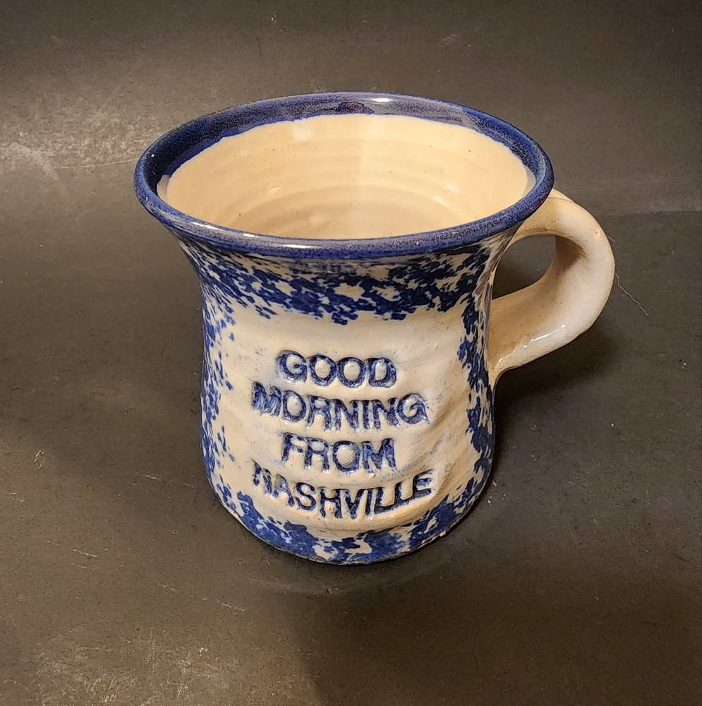 Handmade Studio Art Pottery Mug "Good Morning From Nashville" Natural And Cobalt